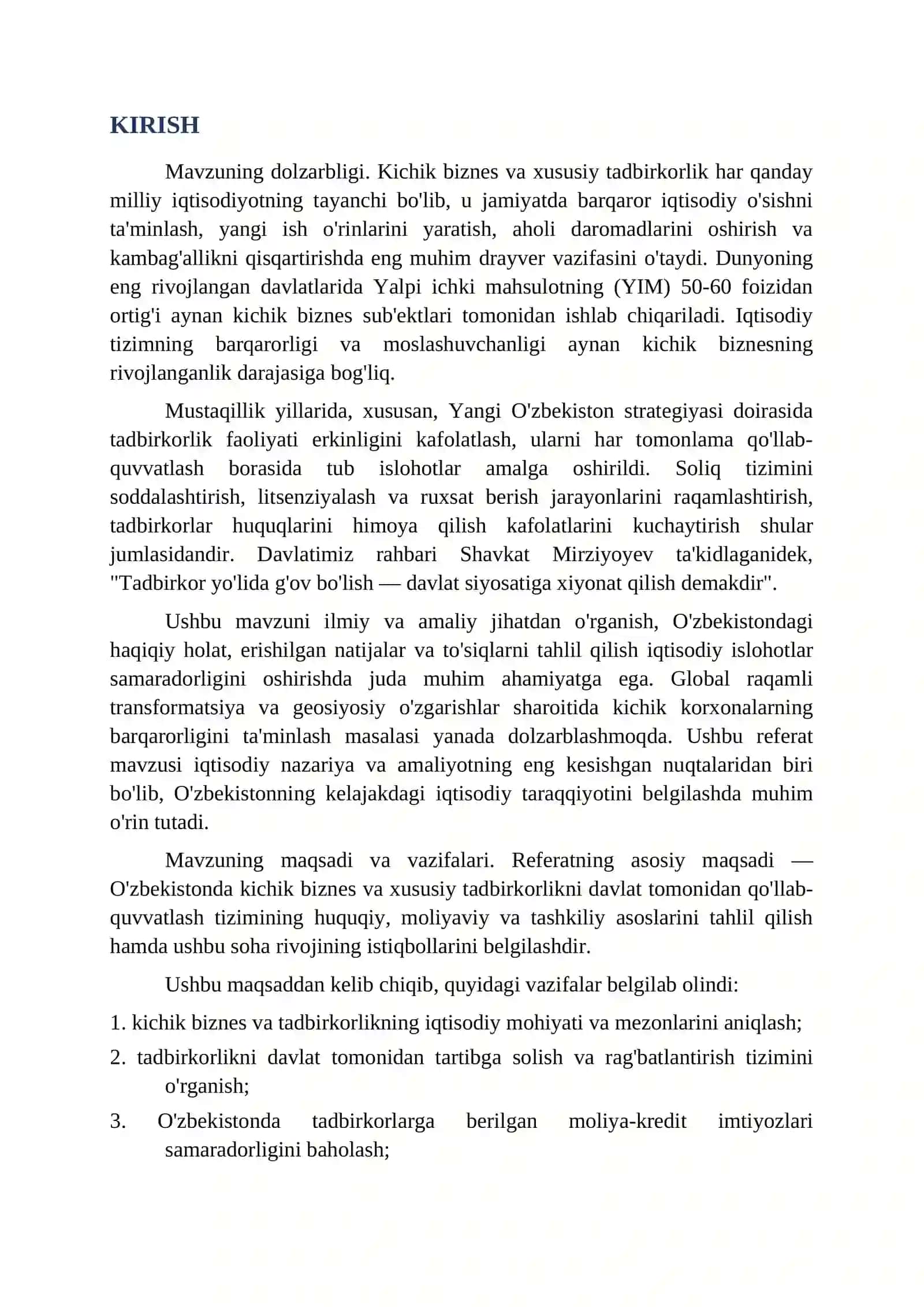 O'ZBEKISTONDA KICHIK BIZNES VA TADBIRKORLIKNI QO'LLAB-QUVVATLASH TIZIMI REFERAT 3