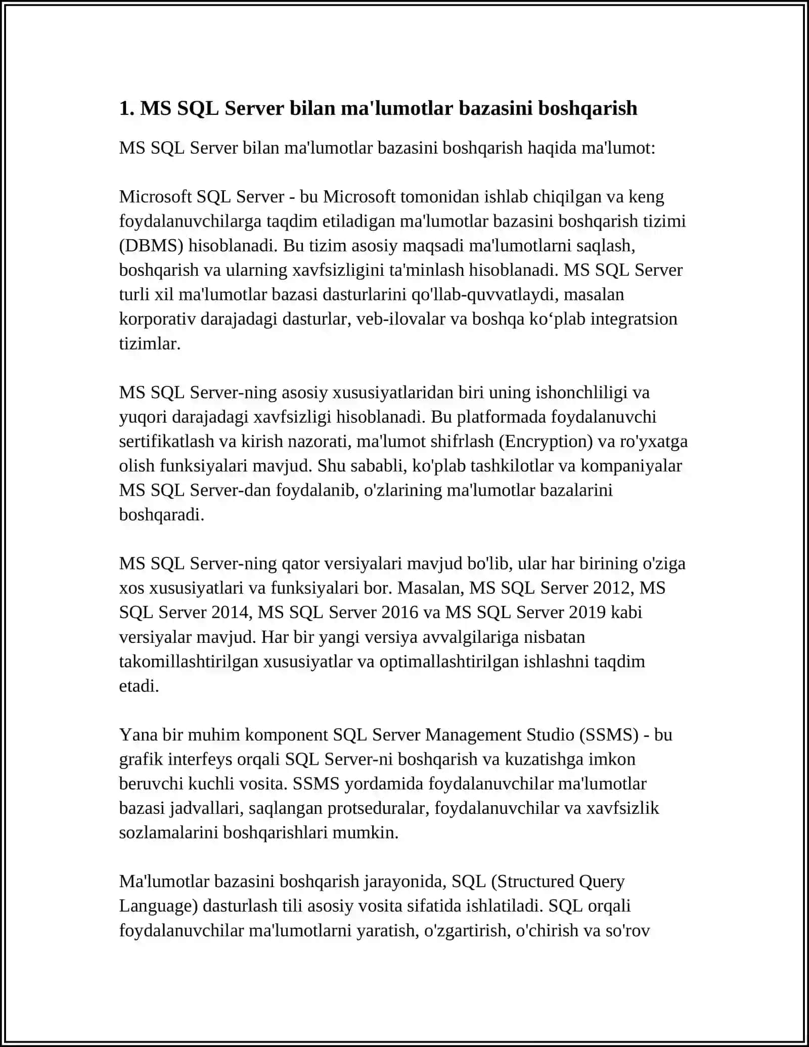 MS SQL SERVER BILAN ISHLASH 3