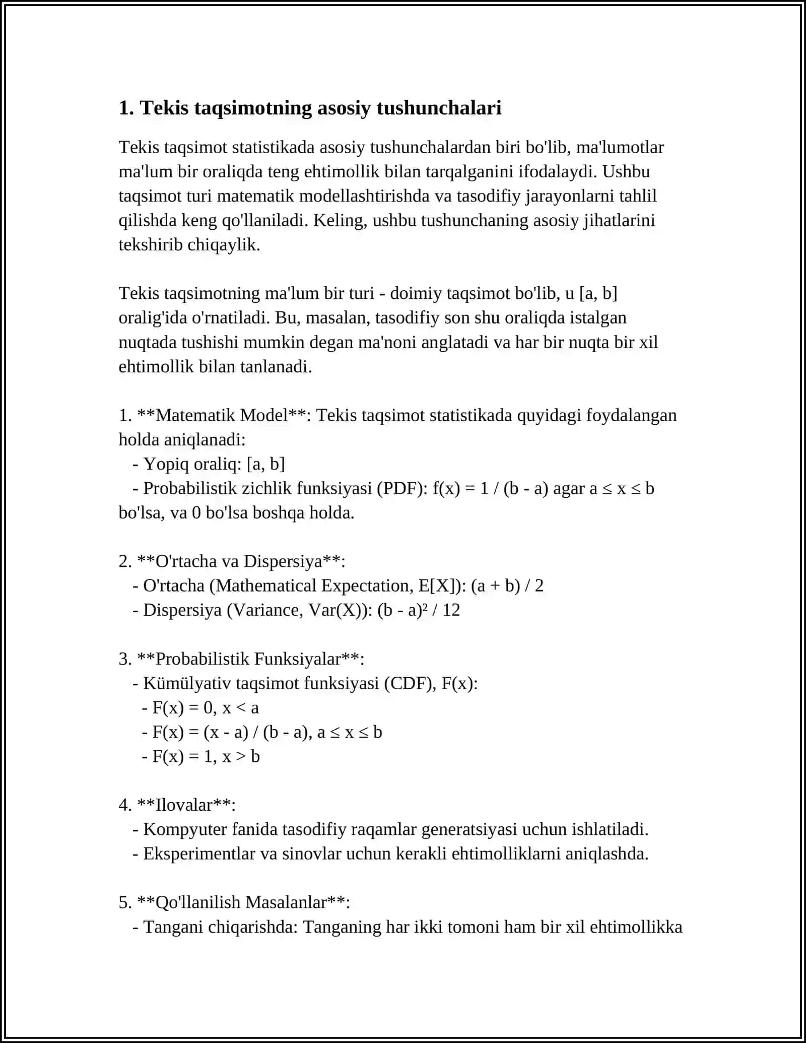MUSTAQIL ISH Mavzu: TEKIS TAQSIMOT 3