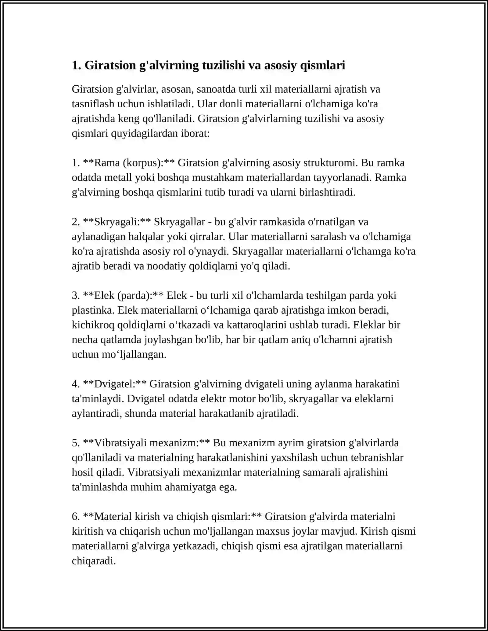 GIRATSION VA VIBRATSION G'ALVIRLAR TUZILISHI, ISHLASH PRINSIPI VA QO'LLANILISH SOHALARI 3