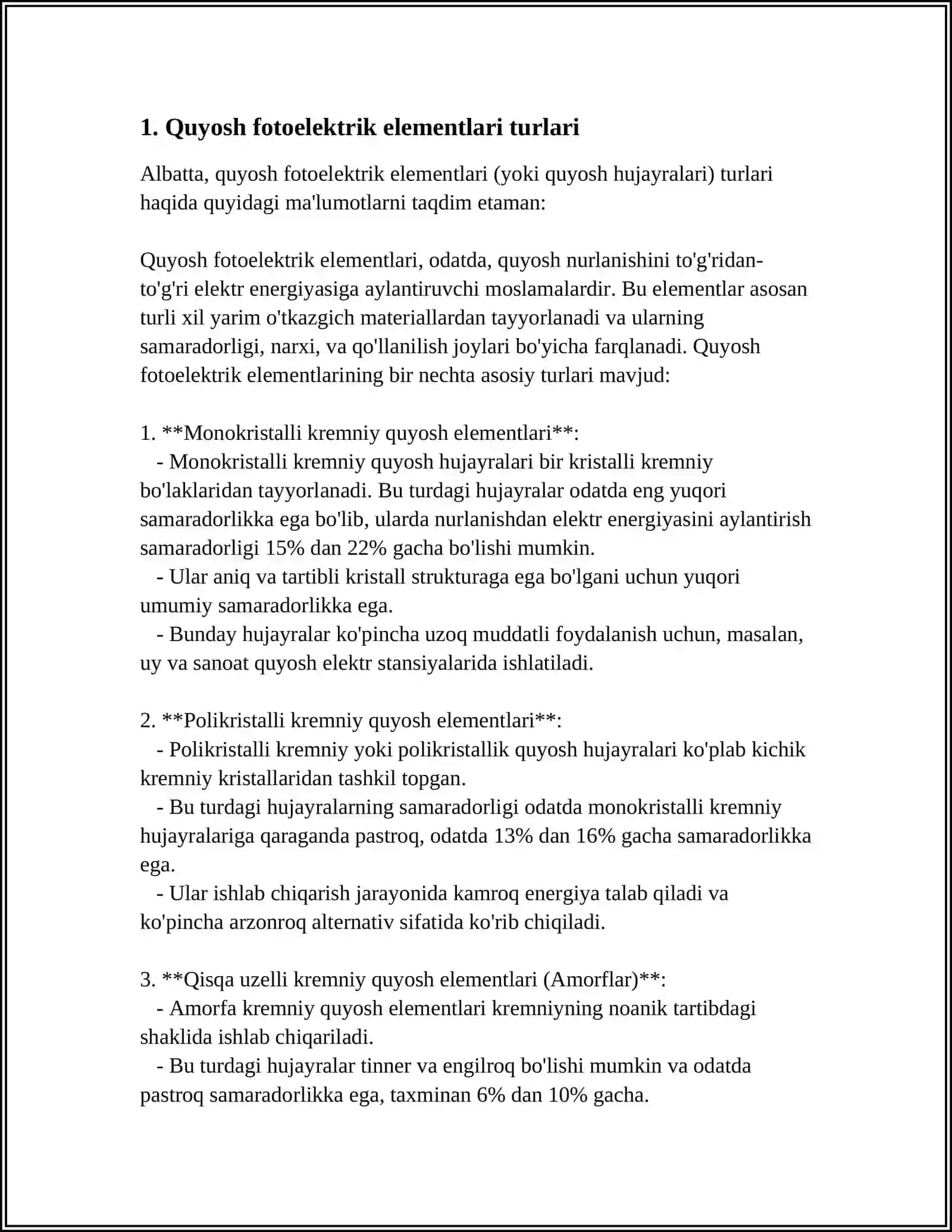 QUYOSH FOTOELEKTRIK ELEMENTLARI VA MODULLARI. OPTIK TOLALI TIZIMLAR 3