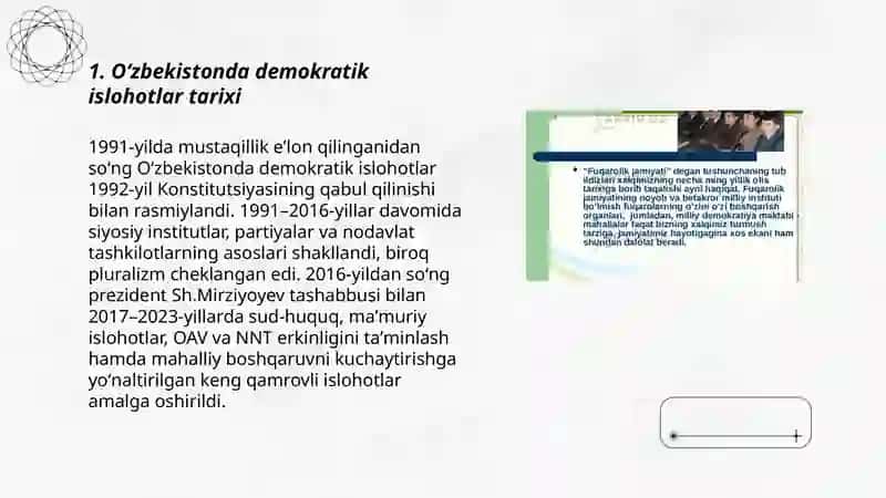 Oʻzbekistonda demokratik, fuqarolik jamiyati asoslarining shakllanishi, amalga oshirilgan siyosiy islohotlar 3