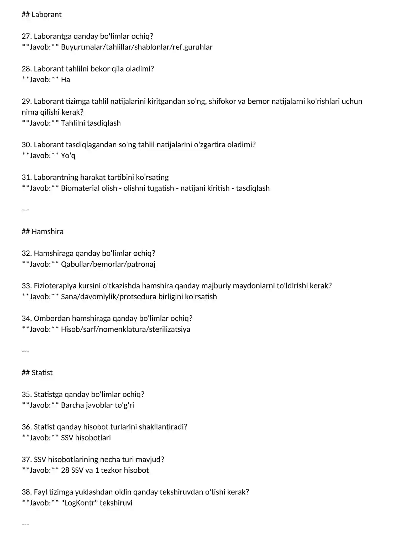 Test savollari DMED boyicha  **bo‘limlar bo‘yicha ajratilgan** holda, har bir savolning **to‘g‘ri javobi bilan** faqat matn sifatida 3
