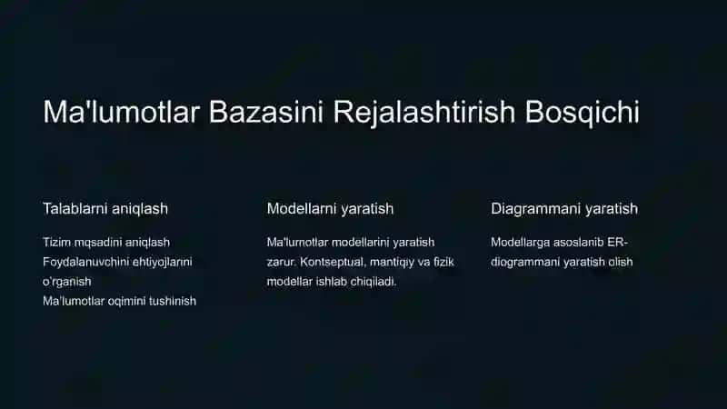 Ma'lumotlar Bazasini Rejalashtirish, Loyihalash va Administratorlash 3