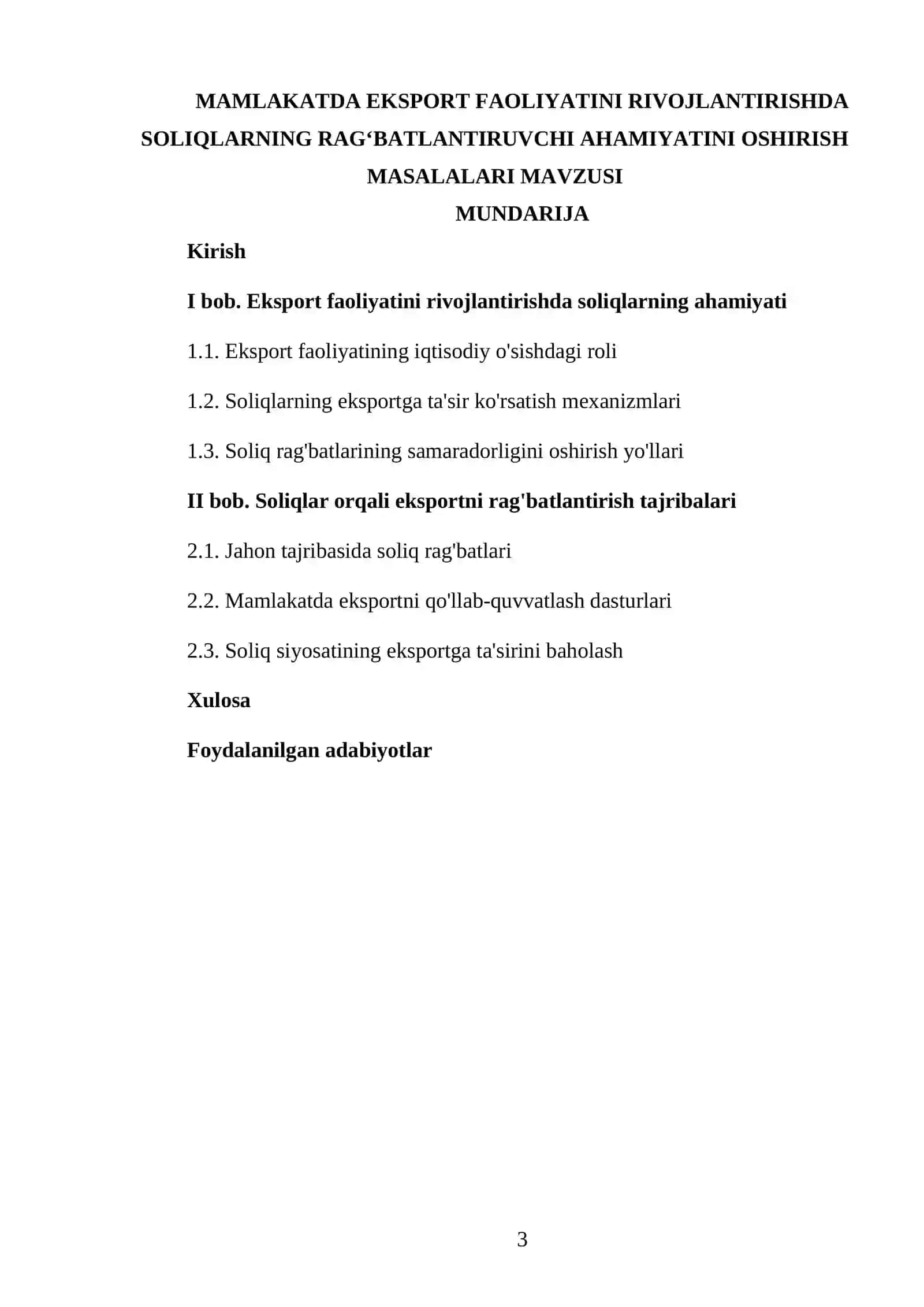 Mamlakatda eksport faoliyatini rivojlantirishda soliqlarning ragʻbatlantiruvchi ahamiyatini oshirish masalalari mavzusi 3