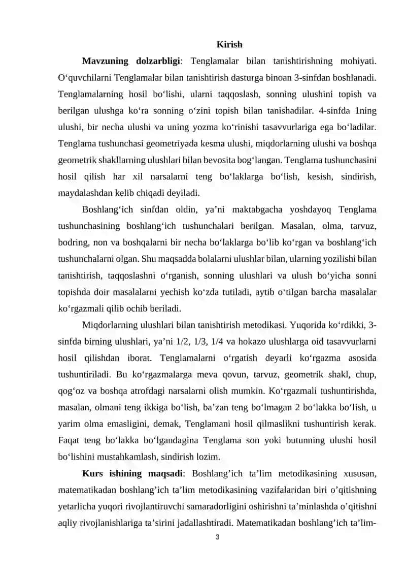 Boshlangʻich sinf oʼquvchilarida tenglama tushunchasini shakllantirish va masalalar yechishda undan foydalanish. 3