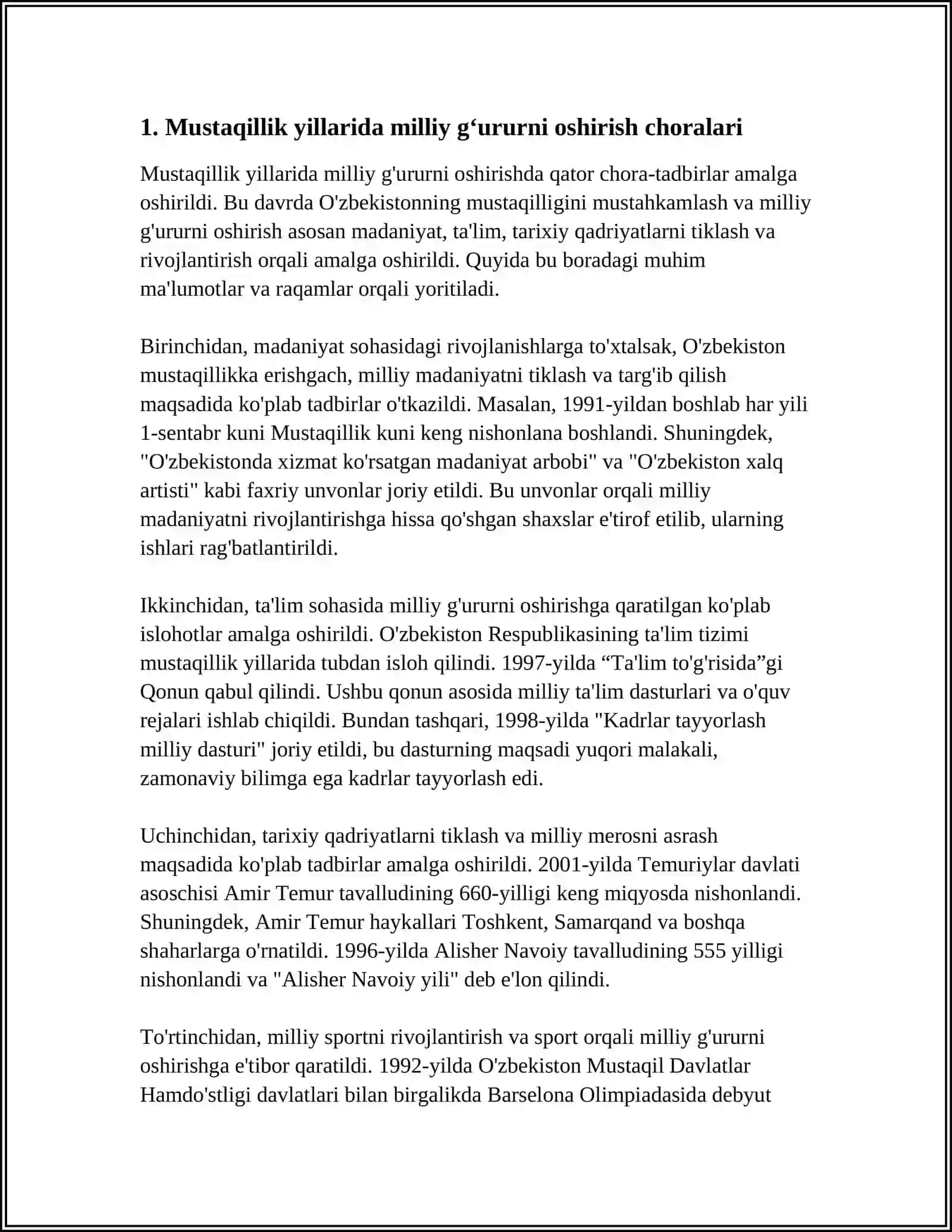 MUSTAQILLIK YILLARIDA MANAVIY VA MA’RIFIY ISHLAR BO’YICHA OLIB BORILAYOTGAN ISLOHOTLAR YUZASIDAN O’Z FIKR MULOHAZA HAMDA TAKLIFLARIM 3