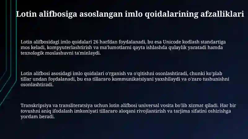 Lotin alifbosiga asoslangan imlo qoidalarining afzalligi 3