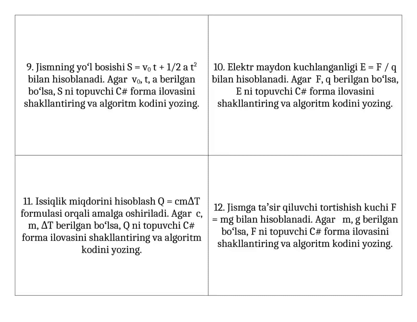 Jismning potensial energiyasi E = mgh bilan hisoblanadi. Agar m, g, h lar berilgan boʻlsa, E ni topib beruvchi C# forma ilovasini shakllantiring va algoritm kodini yozing 3