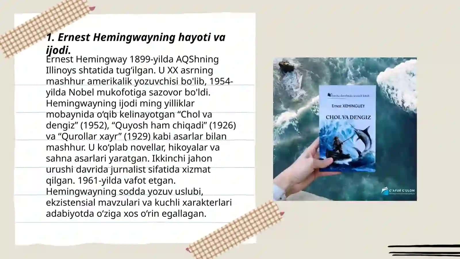 Ernest Heminguey "Chol va dengiz" asari tahlili 3