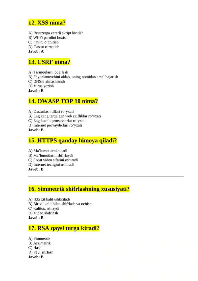 Kiberxavsizlik test savollari (javoblari) 3
