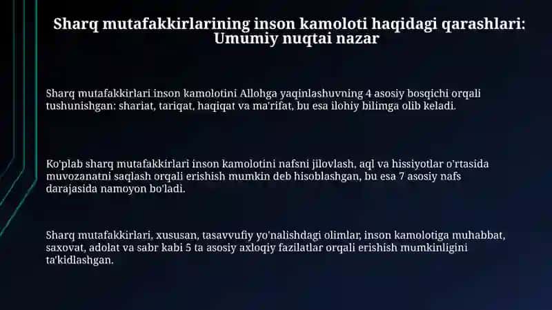 Sharq mutaffakkirlarining islom dinining inson kamoloti haqidagi gʻoyalar 3