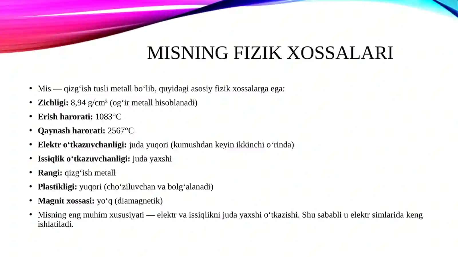 Mis va uning qotishmalarini fizik va kimyoviy xossalari 3