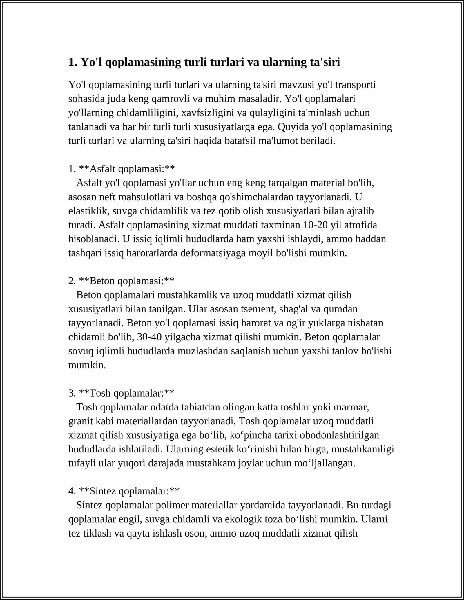 AVTOMOBIL YO'L TO'SHAMASI BILAN O'ZARO TA'SIRIGA YO'L QOPLAMASI HOLATINING TASIRI 3