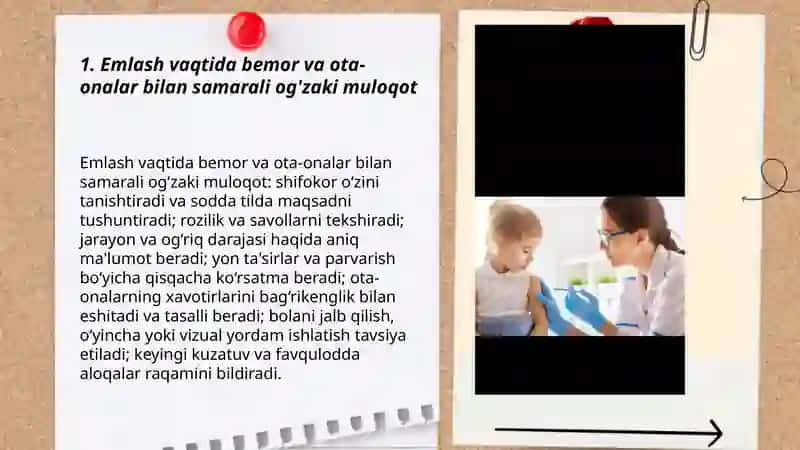 Profilaktik emlash vaqtidagi muloqot. Patranaj vaqtida va emlash xonasidagi muloqot 3