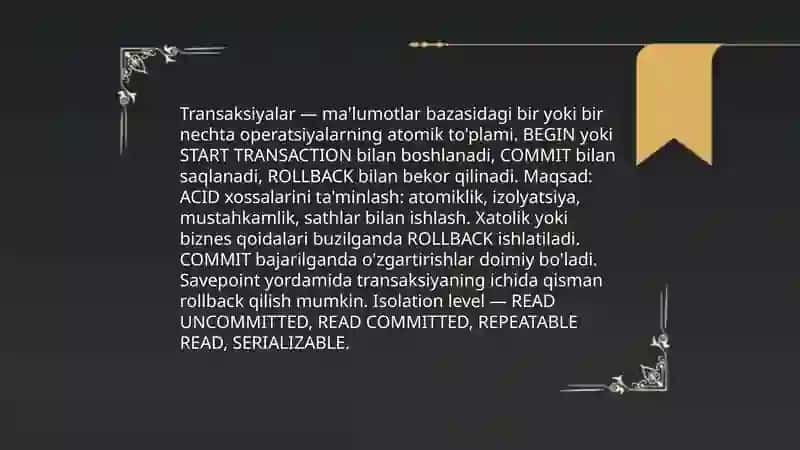 Sqlda jarayonlar va standart funksiyalar 3