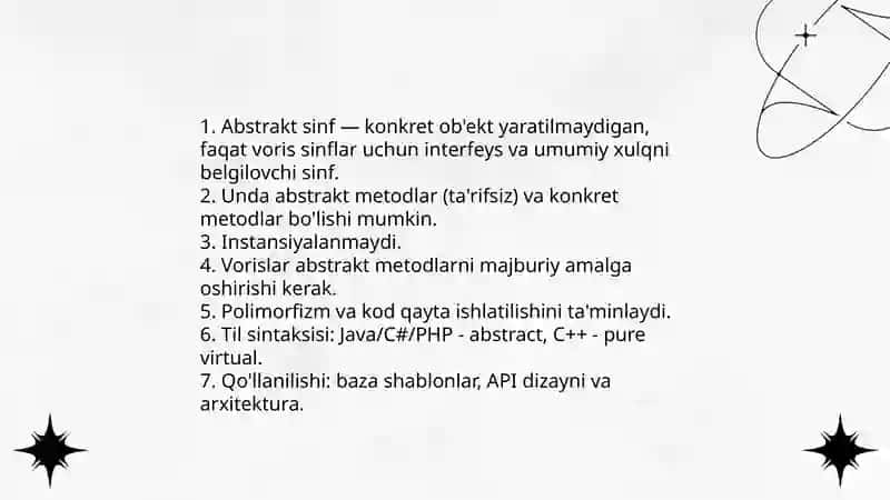 Abstrakt sinflar: vazifasi va qo‘llanilishi 3