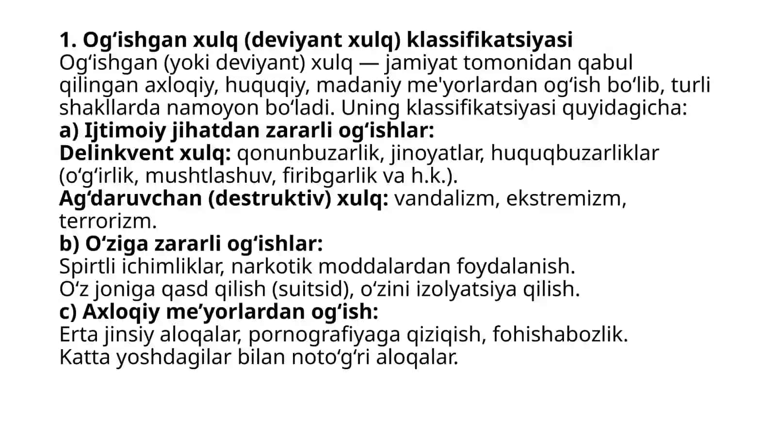 Og'ishgan xulq klassifikatsiyasi. Dezadaptatsiya va uning o'smir xulqidan namoyon bo'lishi. O'smirning dezadaptatsiya natijasida vandalizm, ekstrimizm, hakking va ksenofobiya 3