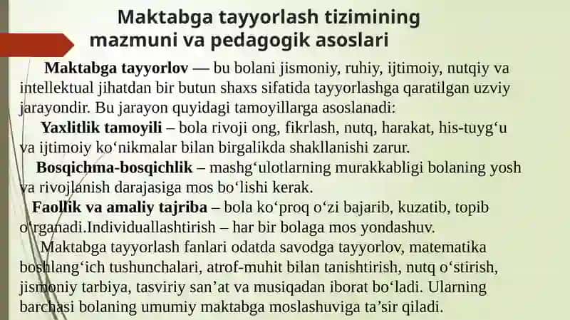 Bolalarni maktabga tayyorlash fanlari o`qitish jarayoni yaxlit tizim sifatida 3