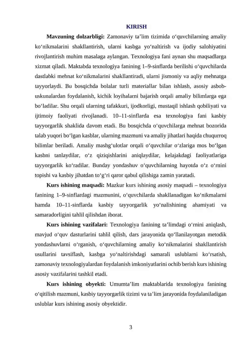 1-9 sinflarda Texnologiya fani mazmuni va 10-11 sinflarda Kasbiy tayyorgarlik 3