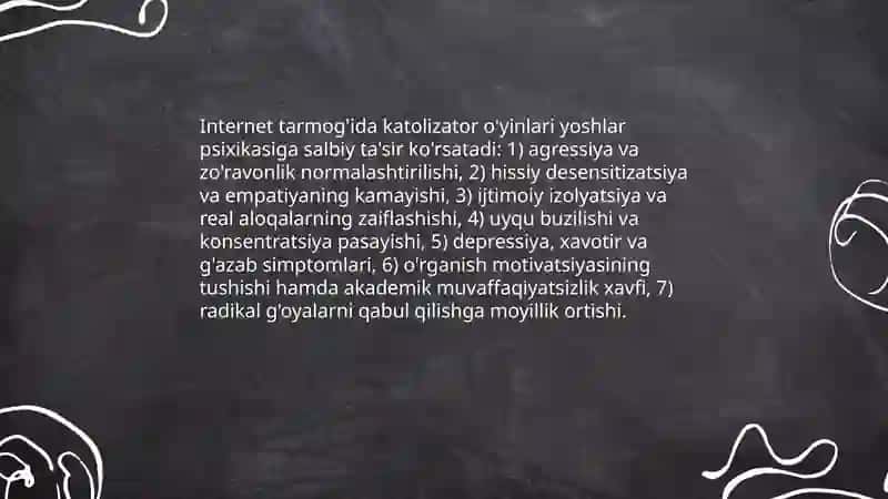 Internet tarmogida katolizator oyinlarining salbiy oqibatlari va ularning bartaraf etish 3