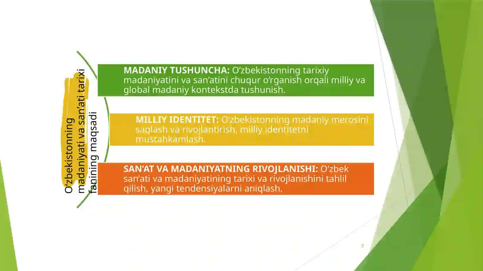 O‘ZBEKISTONNING MADANIYATI VA SAN’ATI TARIXI FANINING MAQSADI VA VAZIFALARI. 3