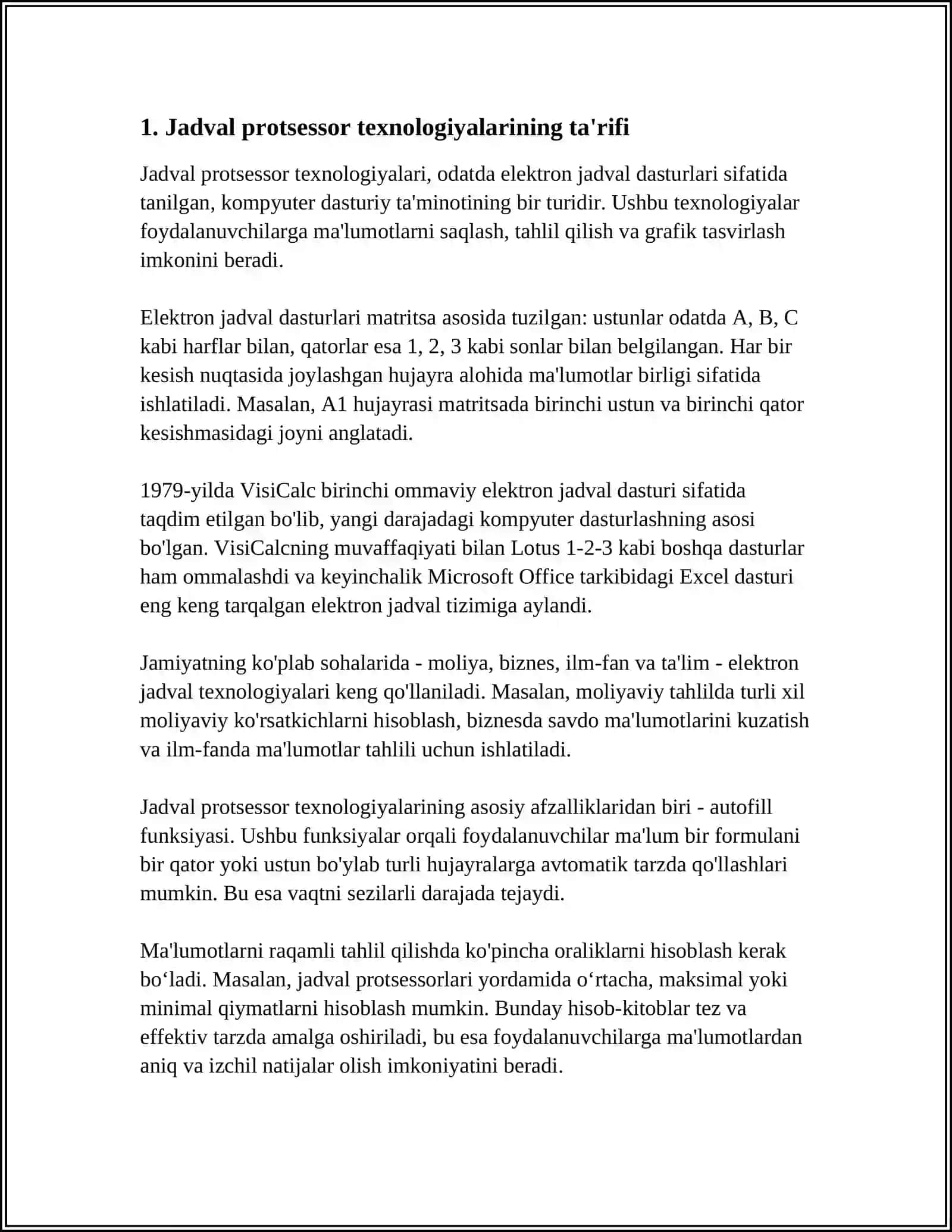 MUSTAQIL ISH Mavzu: IQTISODIY MASALALARNI YECHISHDA JADVAL PROSESSOR TEXNOLOGIYALARI 3