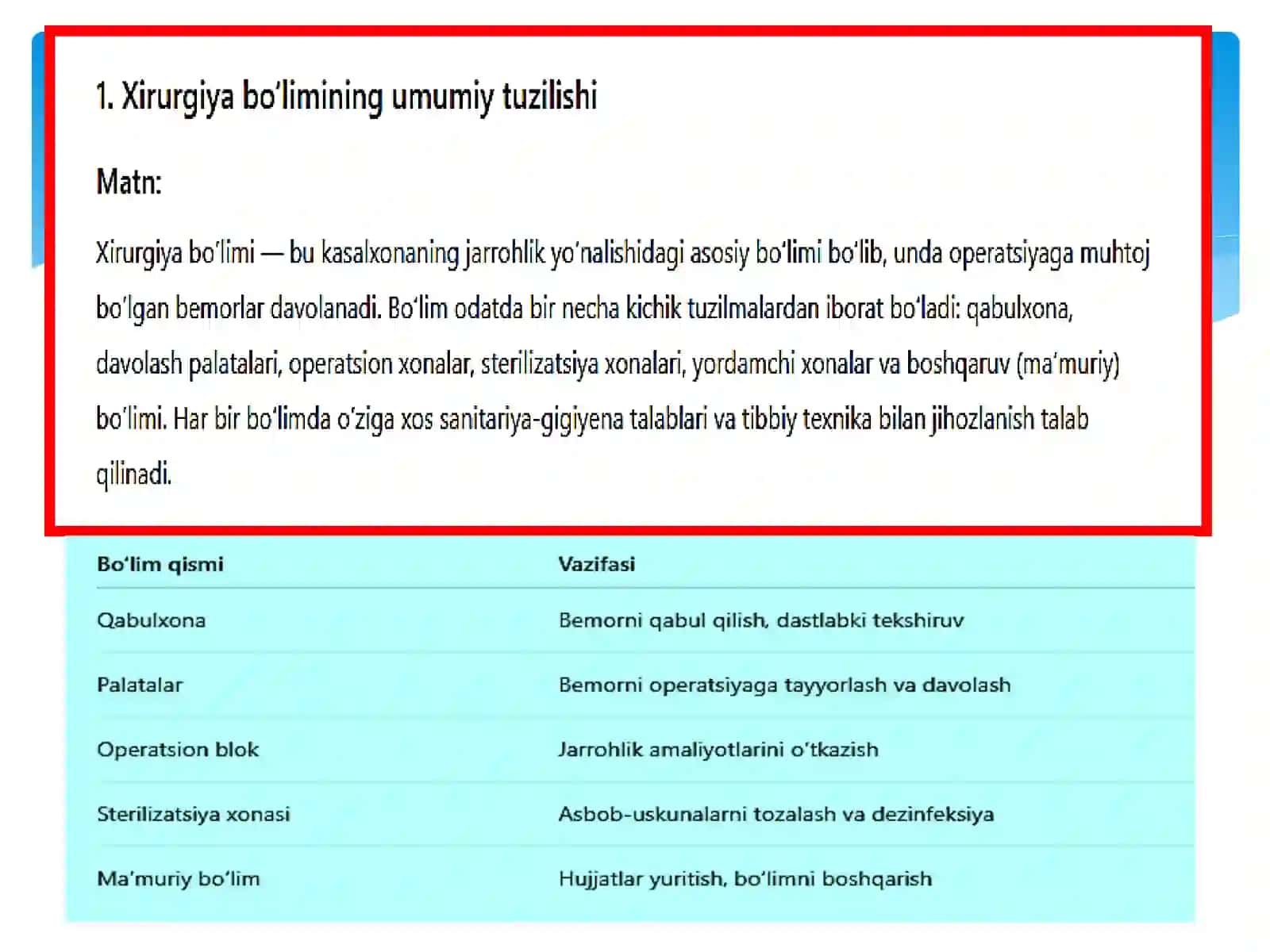 Xirurgiya bo'limi tuzilmasi va unitashkil etilishi 3