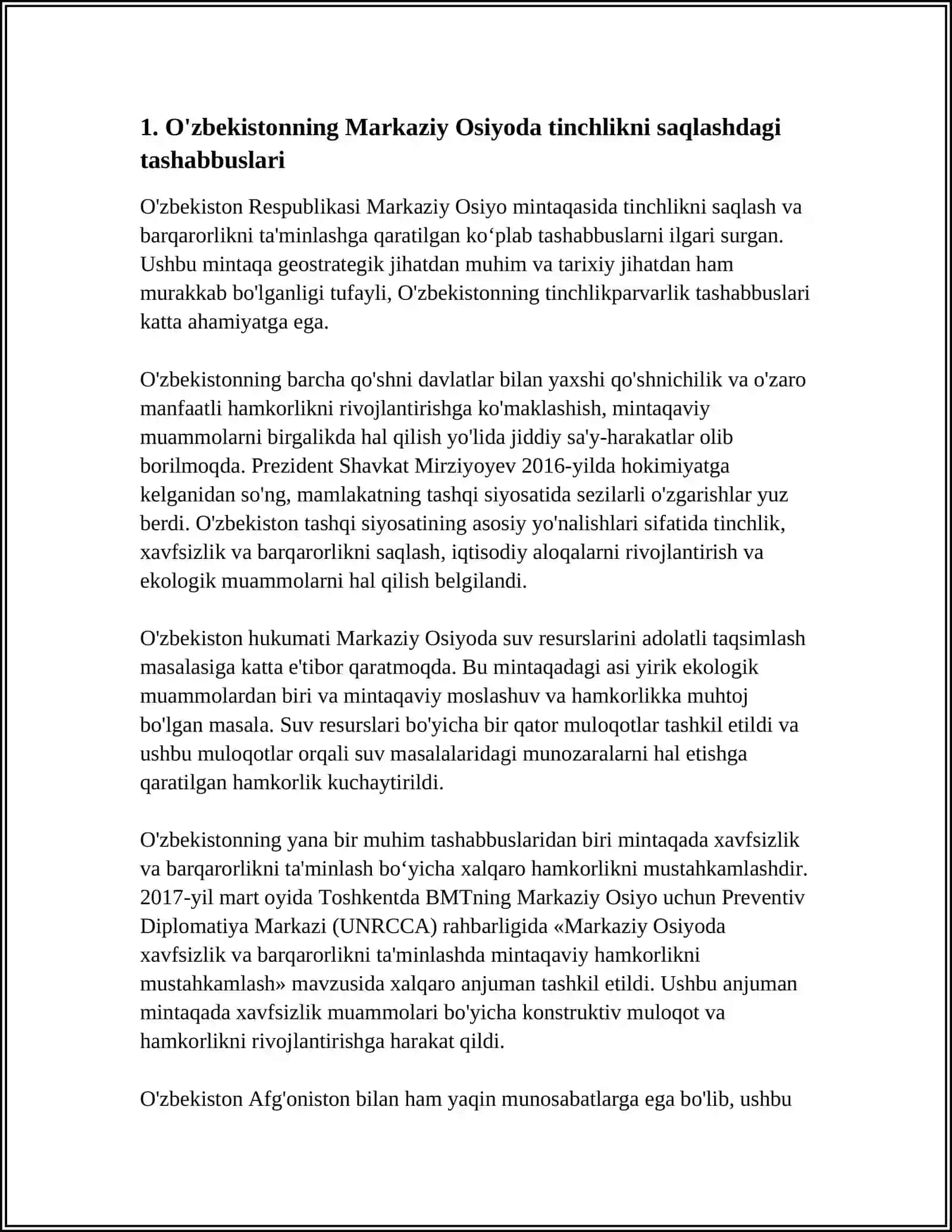 O'ZBEKISTONNING MARKAZIY OSIYODA TINCHLIK VA BARQARORLIKNI TA'MINLASHDAGI O'RNI 3