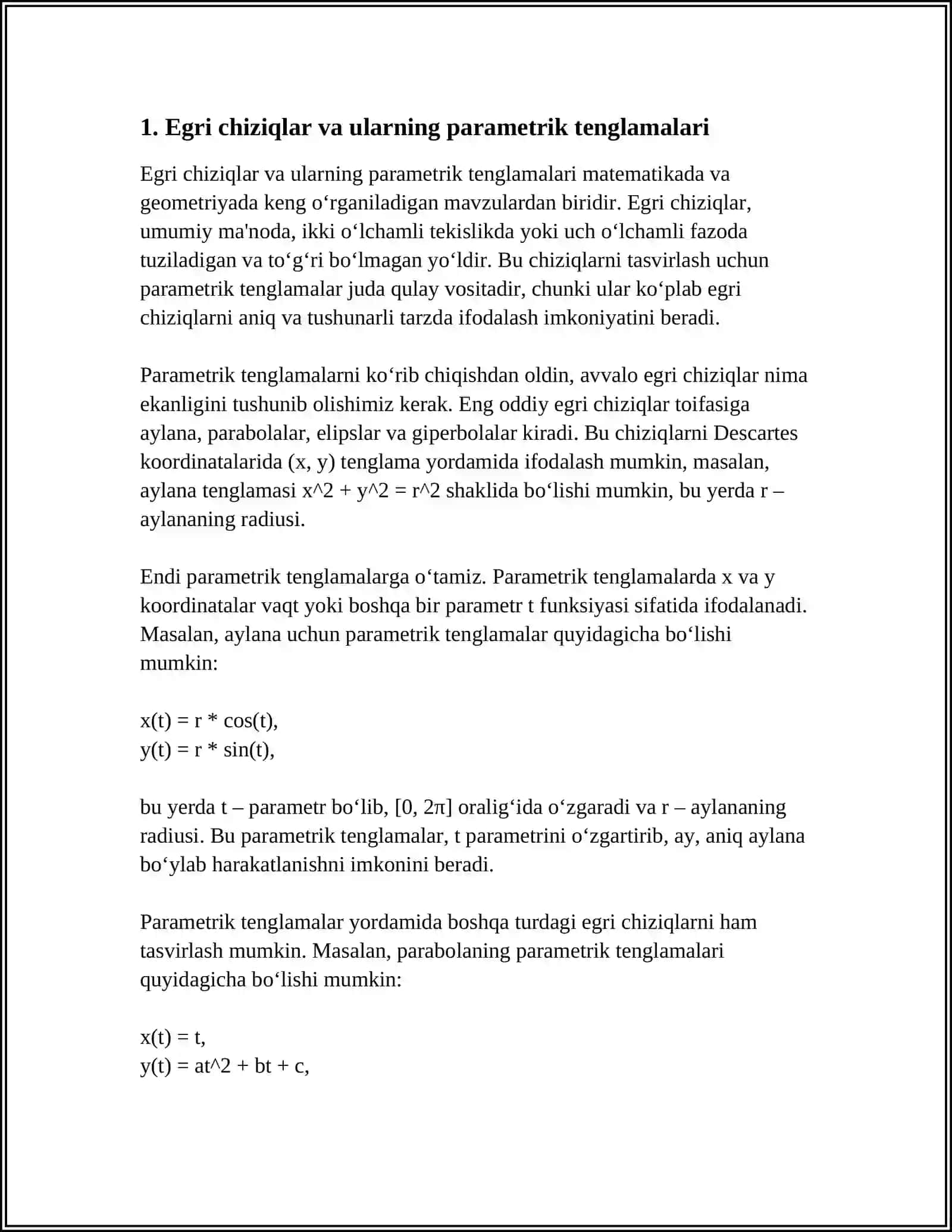 EGRI CHIZIQLARNING PARAMETRIK TENGLAMALARI. VEKTORLARNING BIOMETRIK VA MEXANIK MASALALARIGA TADBIQ 3