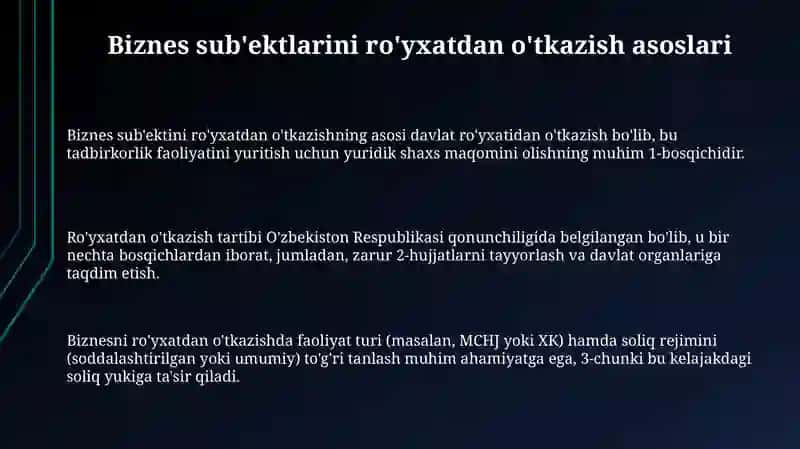 Biznes sub'ektlarini ro'yxatdan o'tkazish asoslari 3