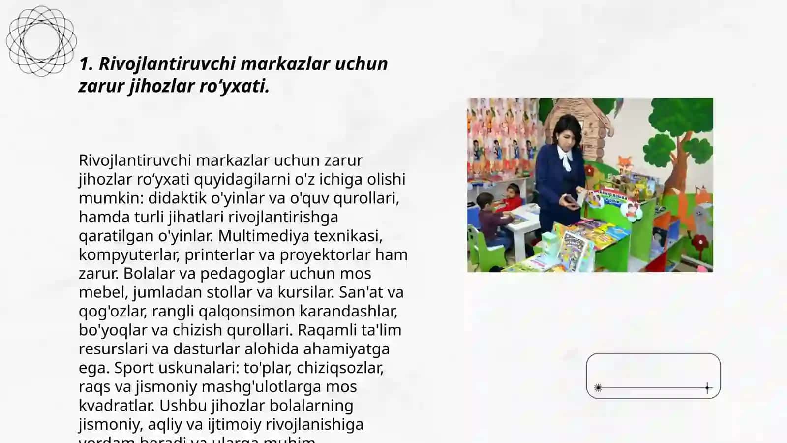 Rivojlantiruvchi markazlar uchun zarur jihozlar roʻyxati 3