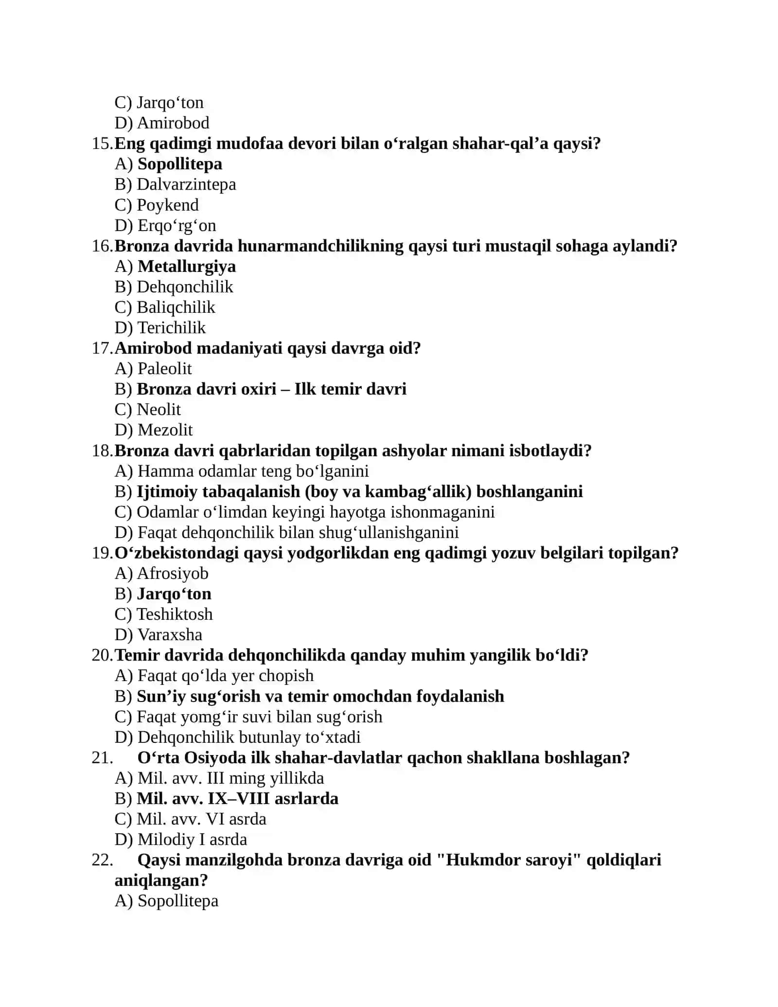 O‘zbekistonning eng qadimgi tarixi (Bronza va Temir davri) mavzusida 100 ta test 3