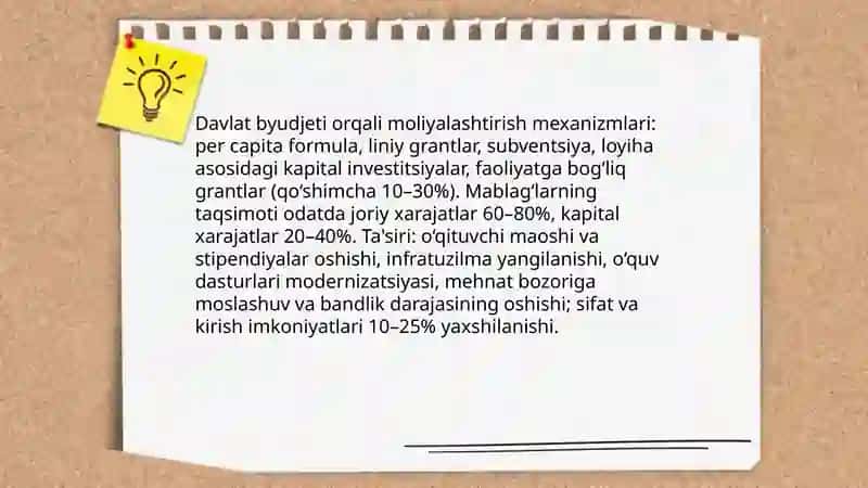 O'rta maxsus kasb hunar ta'limi va oliy ta'lim muassasalarini moliyalashtirishning o'ziga xos hususiyatlari 3