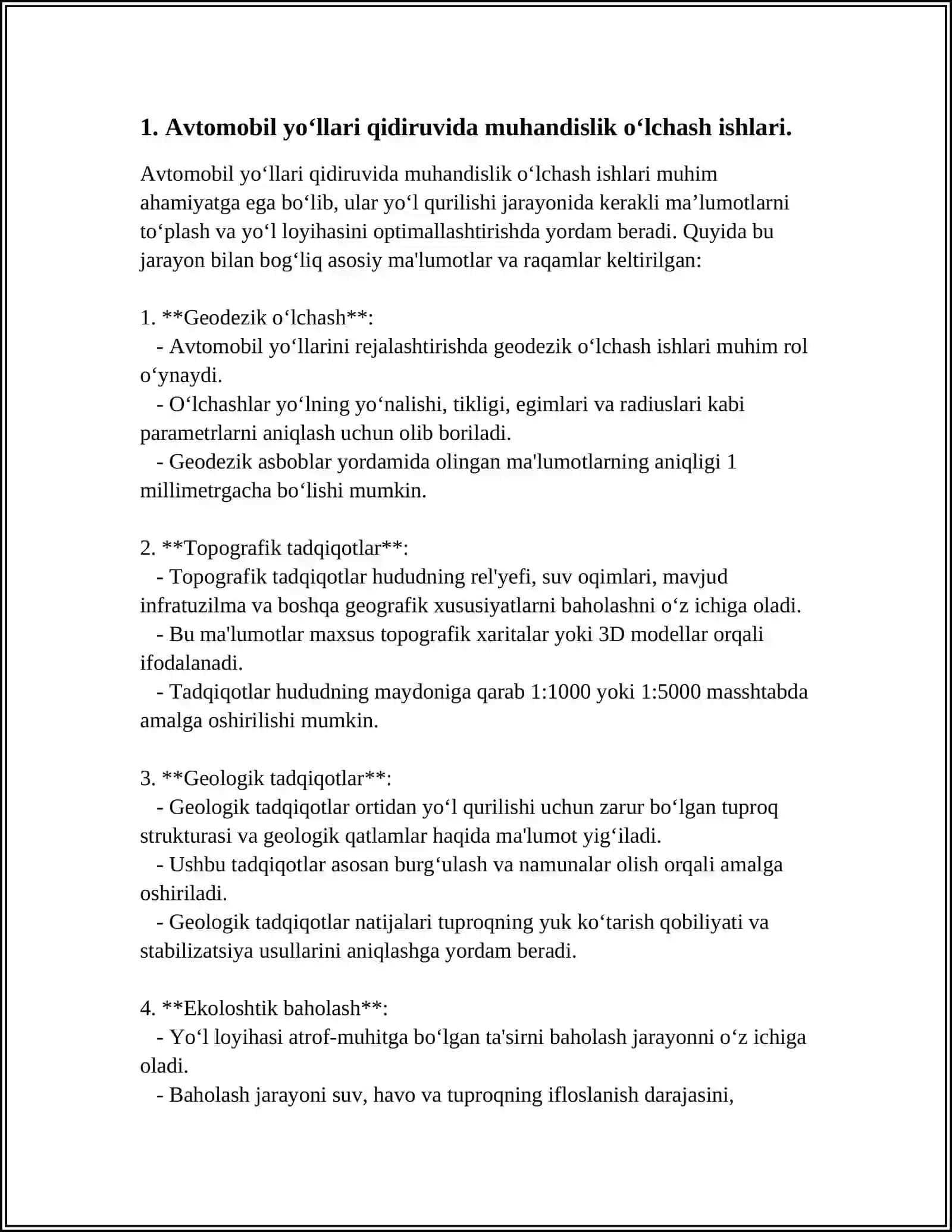 AVTOMOBIL YOʻLLARINI QIDIRUVIDA MUHANDISLIK OʻLCHASH ISHLARI VA ULARNI QAYTA ISHLASHDA AVTOMATLASHTIRILGAN VOSITALAR BOYICHA MAʼLUMOTLAR 3
