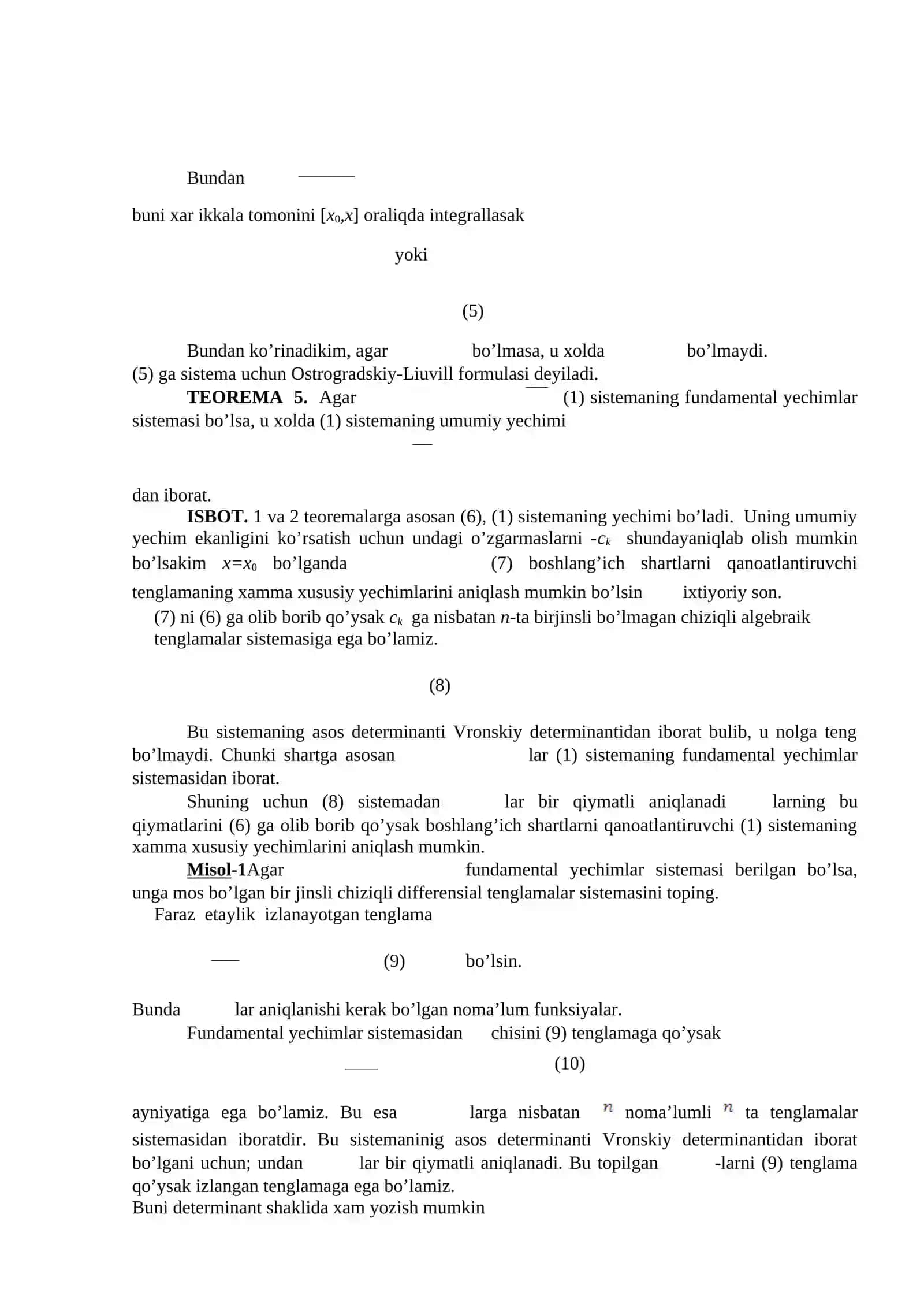 Bir jinsli chiziqli differenstial tenglamalar sistemasi. Ostrogradskiy-liuvill formulasi 3