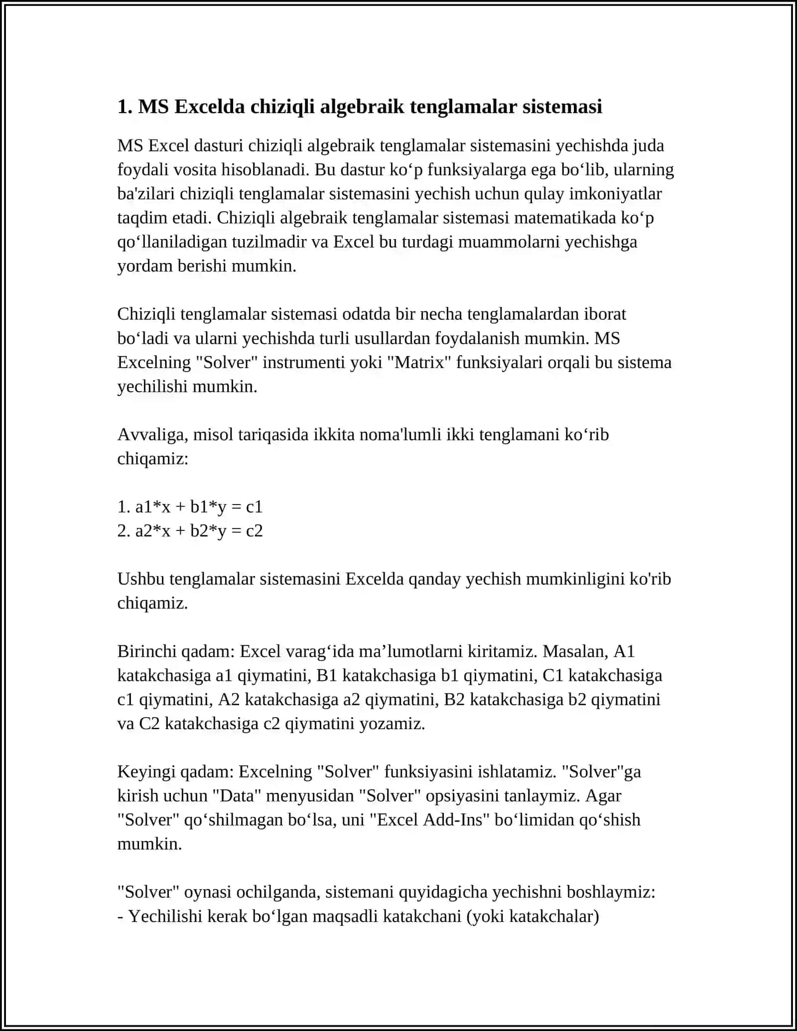 MS EXEL DASTURI ELEKTRON JADVALIDA CHIZIQLI ALGEBRIK TENGLAMALAR SISTEMASINI YECHISH 3