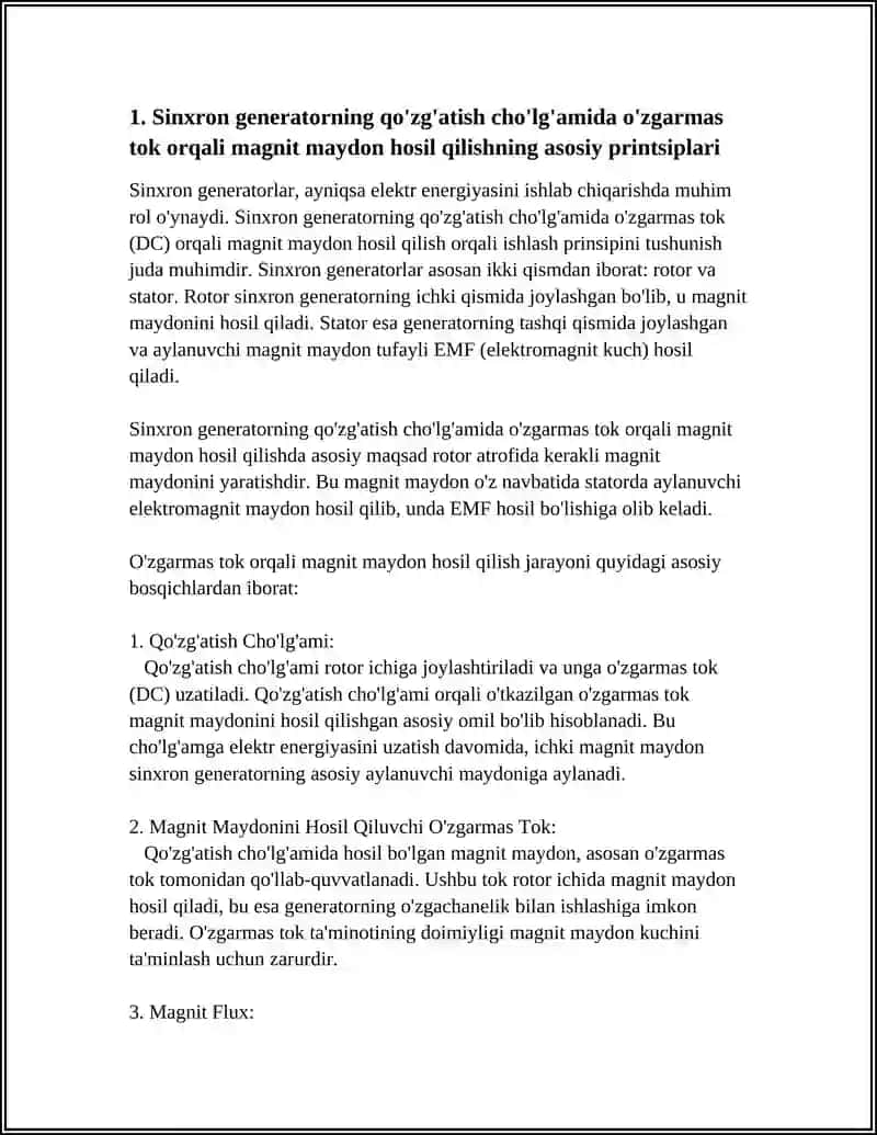SINXRON GENERATORNING QO'ZG'ATISH CHO'LG'AMIDAGI O'ZGARMAS TOK ORQALI MAGNIT MAYDON HOSIL QILISH 3