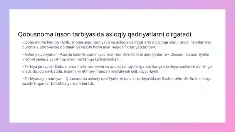 Kaykovusning "Qobusnoma" asarida barkamol inson tarbiyasida qo'llaniladigan metod va usullarning ifodalanishi 3