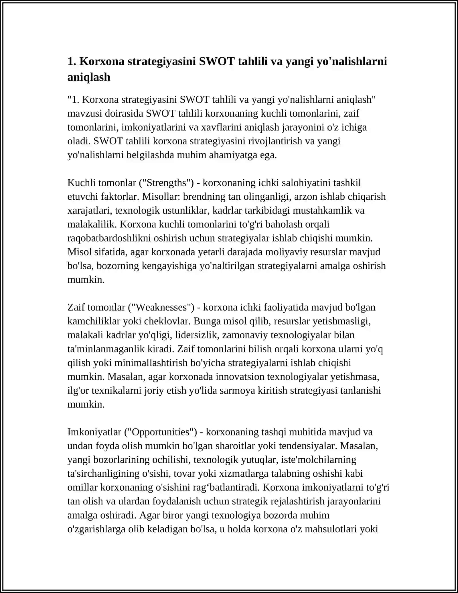 KORXONA STRATEGIYASI BAHOLASH, YANGI YOʻNALISHLARNI TAHLIL QILISH 3
