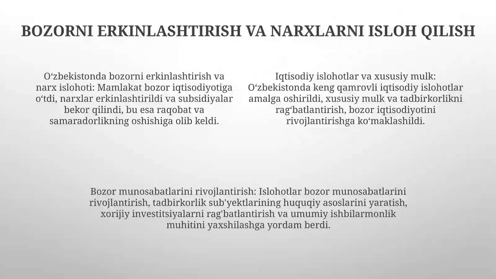 Iqtisodiy Islohotlar,Xususiy Mulkchilikni Shakllanishi,Ozbekistonda Bozor Munosabatlarining Rivojlanishi 3