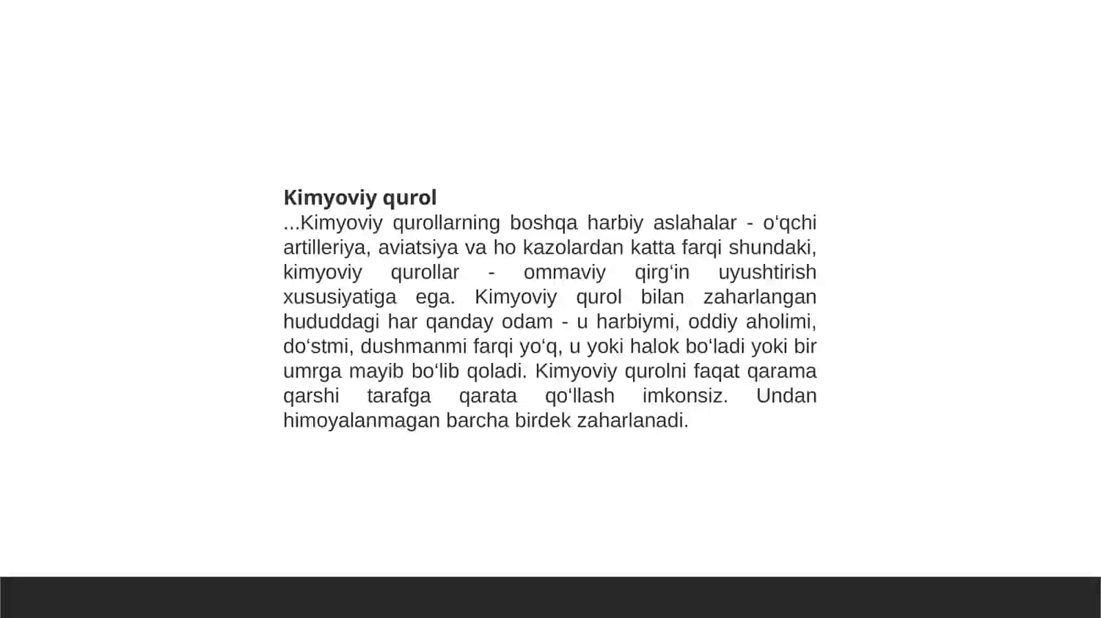 Kimyoviy qurol.Zaharli moddalarni tavsiflash.Kimyoviy vaziyatni baholash. 3