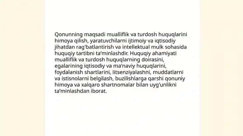 Mualliflik huquqi va turdosh huquqlar " to'g'risidagi O'zbekston Respublikasi Qonuni va ahamiyati 3
