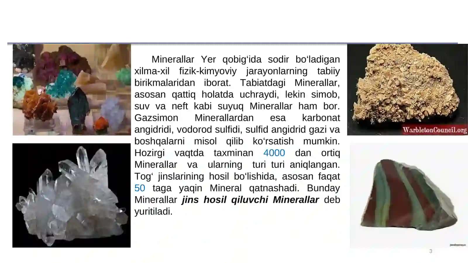 Minerologiya. Mineral va tog‘ jinslari haqida tushuncha. Tog‘ jinslarining genetik turlari 3