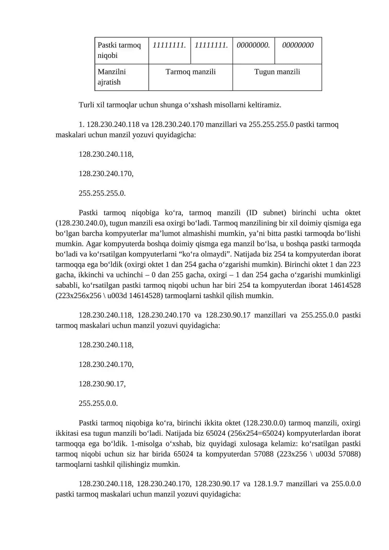 Amaliy mashg‘ulot № 3. Tarmoqda manzillik tamoyillari. Sinfli manzillash va tarmoq osti manzillarga taqsimlash 3