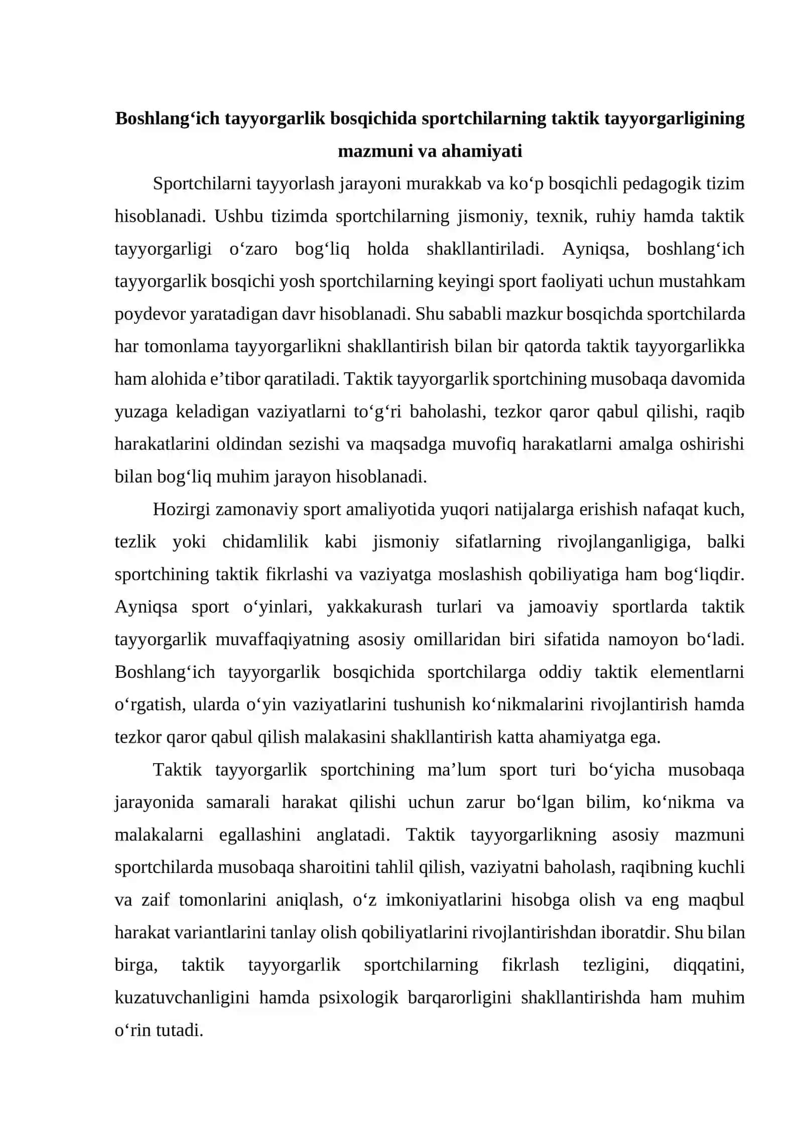 Boshlang'ich tayyorgarlik bosqichida taktik tayyorgarlikni garlikni aniqlash uchun test standartlari to'plamini tuza olish 3