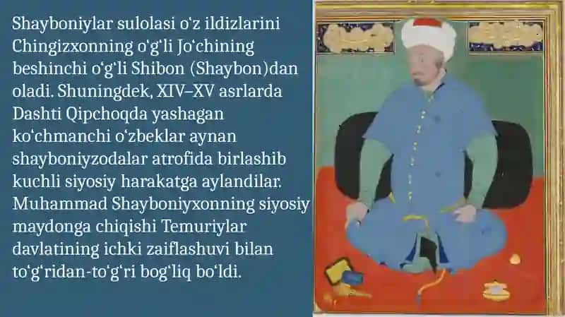 Oʻzbek davlatchiligining tarixiy bosqichlari.ozbekiston hududidagi Shayboniylar davlati tarixi hisobida 3