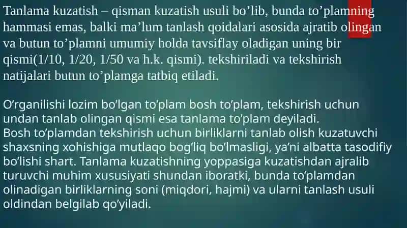 STATISTIKTADQIQOTLARDA TANLAB KUZATISHNING QO’LLANILISHI 3