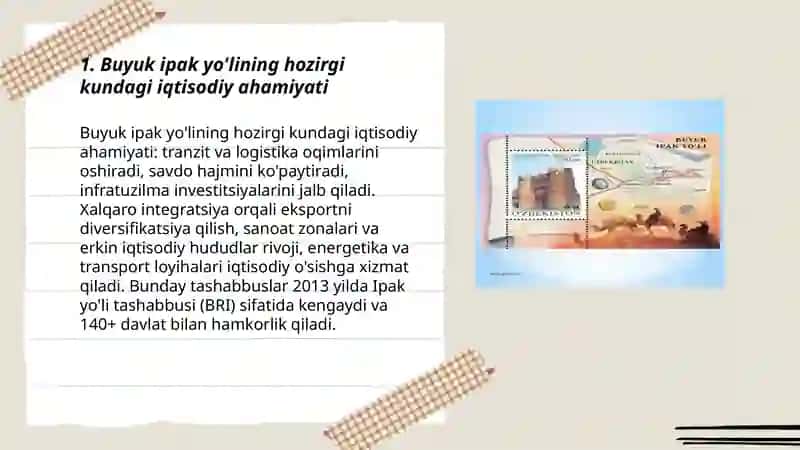 Buyuk ipak yo'lining hozirgi kundagi iqtisodiy ahamiyati 3