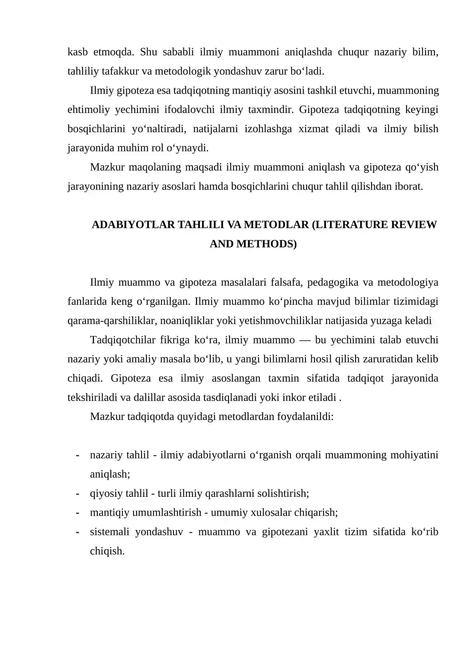 ILMIY MUAMMONI ANIQLASH VA GIPOTEZA QO‘YISH JARAYONINING BOSQICHLARI. IMRAD MAQOLA 3